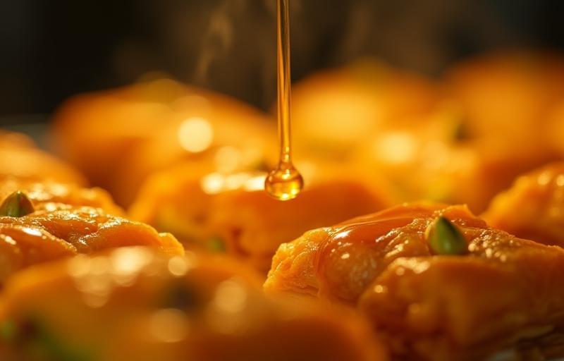 Close-up of hot syrup being poured over freshly baked baklava.
