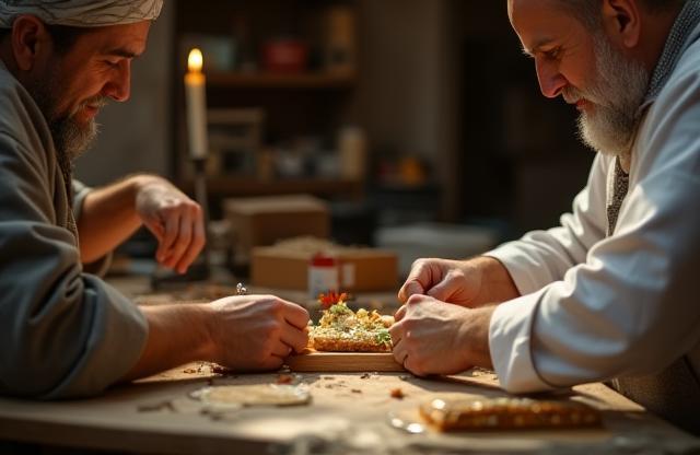 An artisan showing mother-of-pearl work to a baklava chef in a workshop setting.