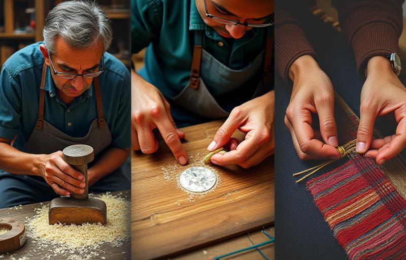 Collage showing coppersmith working, mother-of-pearl inlay detail, and traditional weaving.