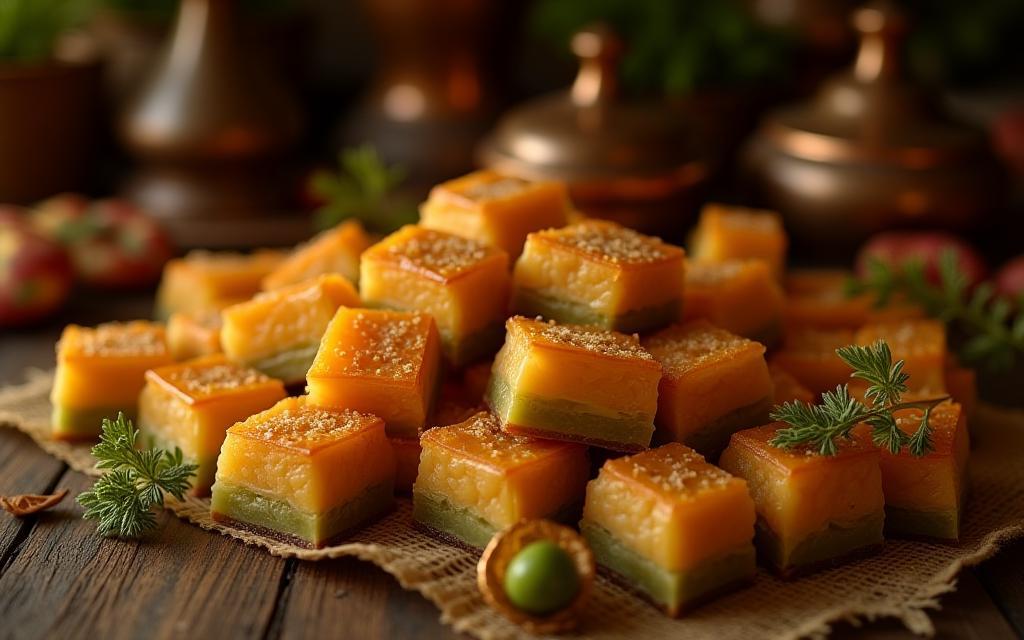Rich baklava pieces alongside intricate Gaziantep copperware and textiles, symbolizing heritage.